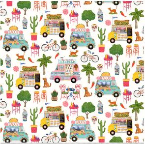 A colorful Quilt fabric featuring food trucks, bicycles, animals, and plants on a white background.