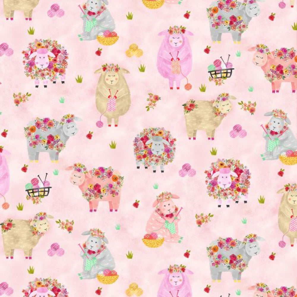 A quilting fabric with a pink background featuring a design of sheep in various poses adorned with flowers.