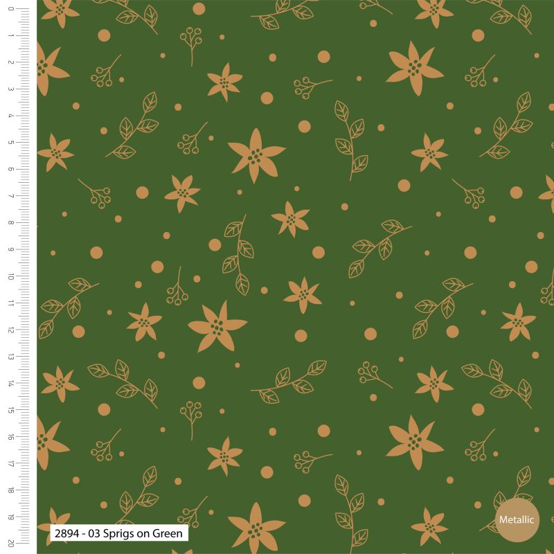 A green Quilting fabric with a Christmas design of metallic gold stars and dots.