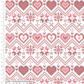 A section of a Cross-Stitch Christmas fabric showcasing a white background with red geometric design and Christmas motifs such as hearts and stars.