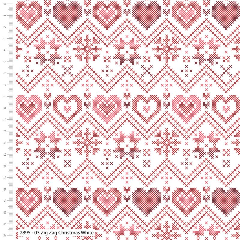 A section of a Cross-Stitch Christmas fabric showcasing a white background with red geometric design and Christmas motifs such as hearts and stars.