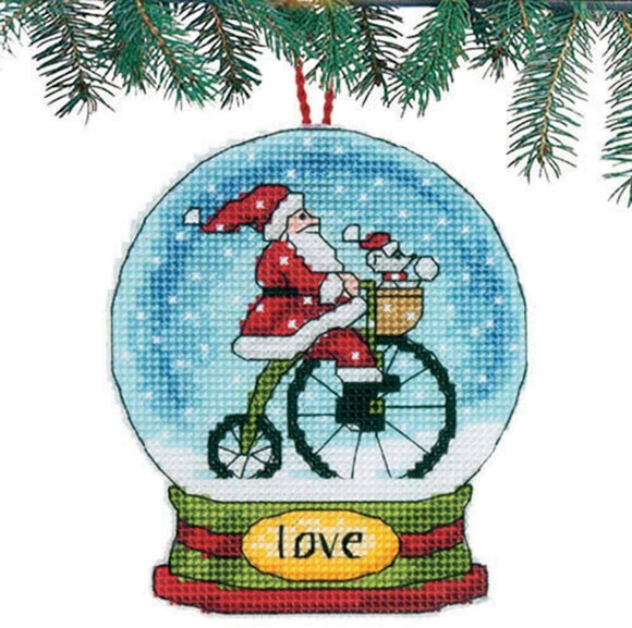 Dimensions Counted Cross Stitch Kit - Love: Santa on a Bicycle in Snow Globe Christmas Ornament