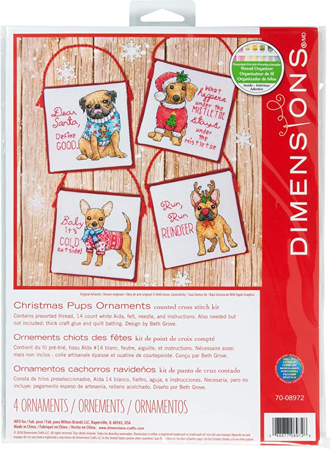 Dimensions Counted Cross Stitch Kit - Four Christmas Pups Ornaments