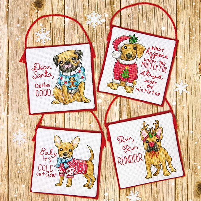 Dimensions Counted Cross Stitch Kit - Four Christmas Pups Ornaments
