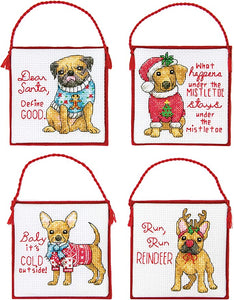 Dimensions Counted Cross Stitch Kit - Four Christmas Pups Ornaments