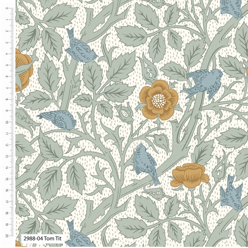 A textile design featuring a floral pattern with birds among the foliage, in off-white, blue, and ochre colors.