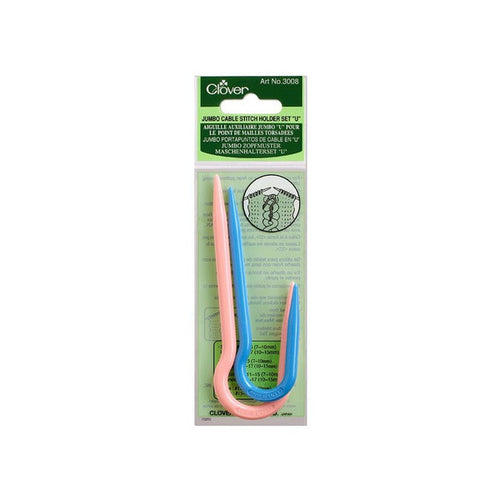 Packaging of Clover cable stitch holders, containing U-shaped resin holders in pink and green colors, with product information displayed.