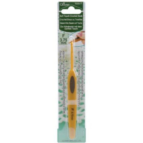 A Clover brand crochet hook with a soft-touch yellow handle, size 3.75mm, displayed in its packaging.