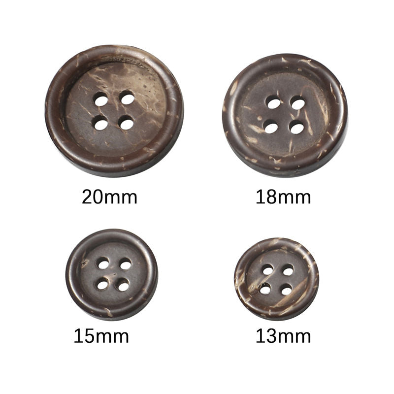 Buttons - Natural Coconut with 4 holes and rim - Dark Coffee colour with Speckles in 3 sizes