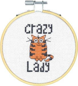 Dimensions Quick Counted Cross Stitch Kit with Bamboo Hoop - Crazy Cat Lady