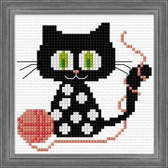 Cross-stitch kit depicting a black cat with a ball of yarn, framed in a gray border.