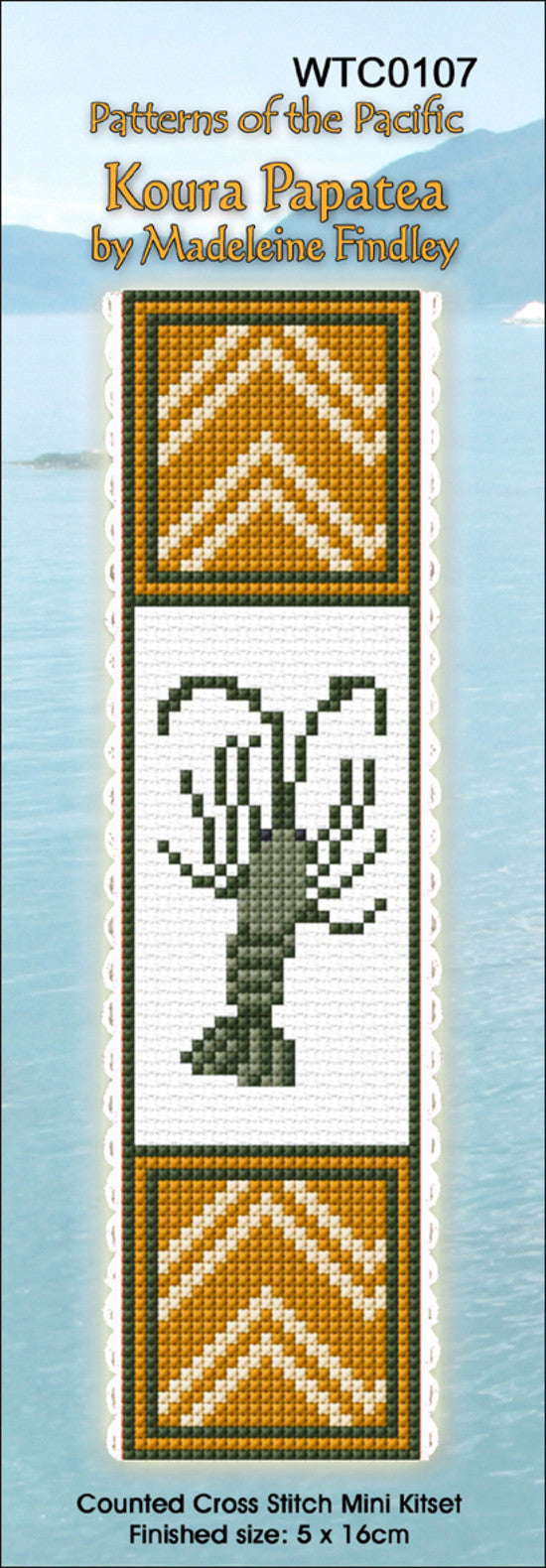 New Zealand designed Cross-stitch bookmark with a Maori Koura Papatea pattern.
