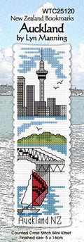 New Zealand designed Cross-stitch bookmark with Auckland motifs, including the harbour bridge and sailing.