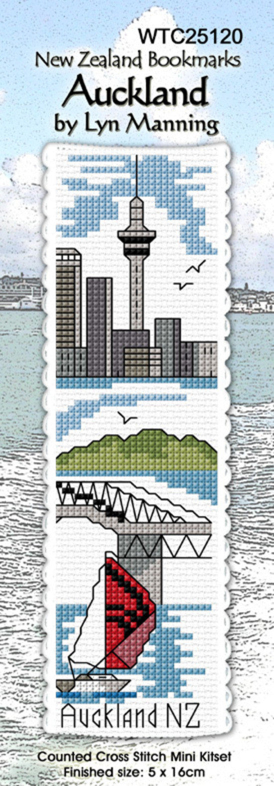 New Zealand designed Cross-stitch bookmark with Auckland motifs, including the harbour bridge and sailing.