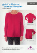 Red textured sweater with dolman sleeves on a white background, featuring Broadway Yarns branding.