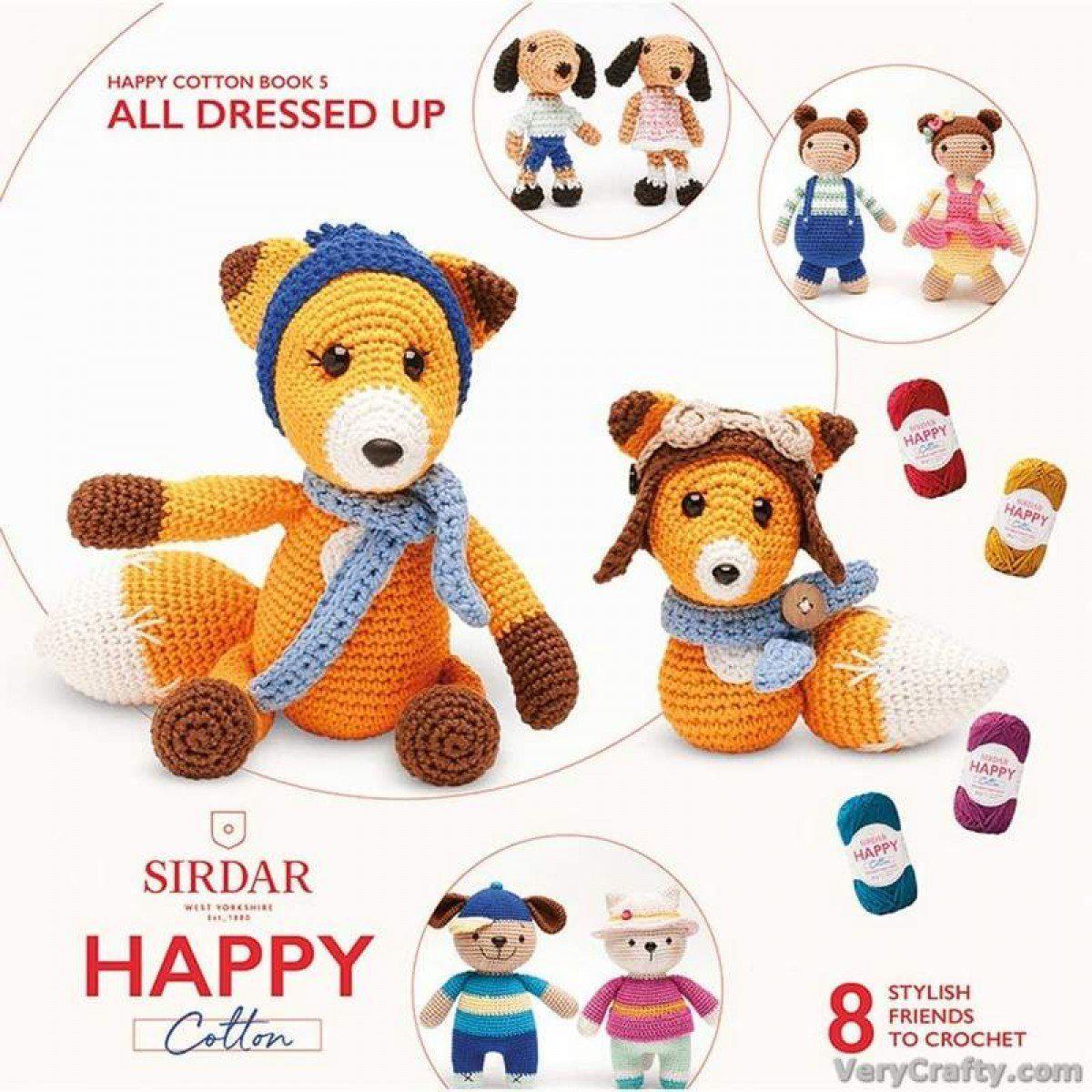 Cover of the DMC Happy Cotton Pattern Booklet 2, featuring amigurumi crochet patterns for male and female foxes, dogs, dolls, and teddy bears. Yarn colors and a crochet hook are also shown.