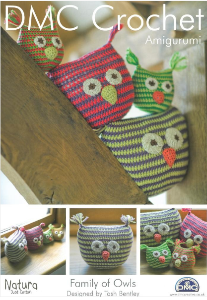 A leaflet for a DMC crochet pattern featuring amigurumi owls in various colors, with the text 'Natura' and 'Family of Owls'.