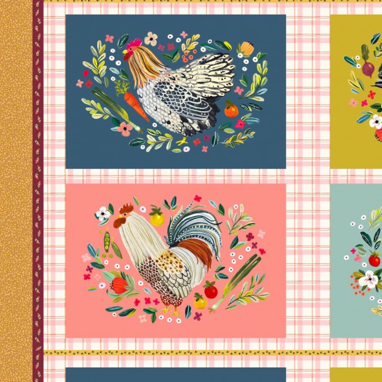 A multicolored fabric panel featuring illustrations of chickens, flowers, and vegetables, with a checkered design