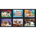 A fabric panel with six digitally printed puppy pictures, each with a small border, displayed in a collage format.