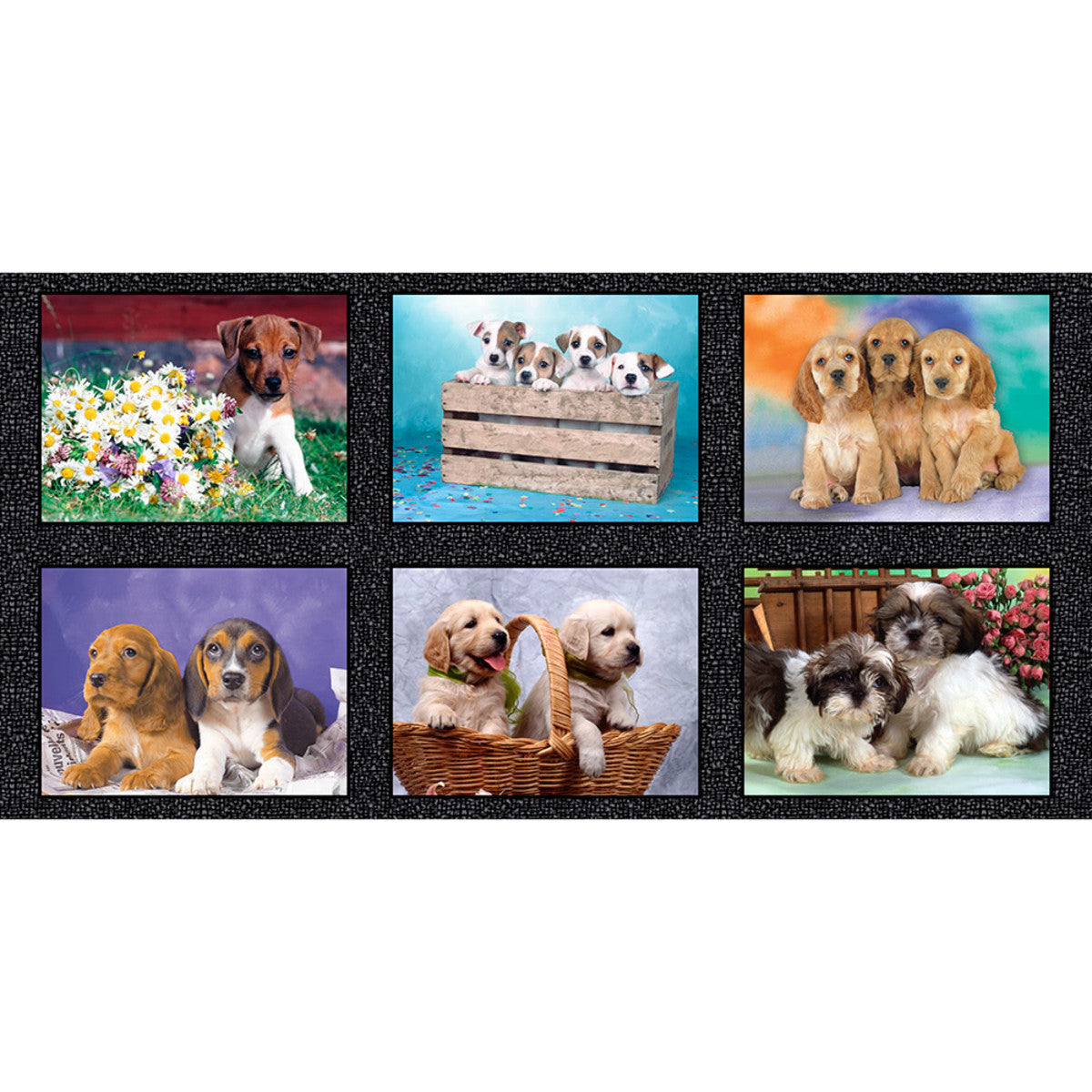A fabric panel with six digitally printed puppy pictures, each with a small border, displayed in a collage format.