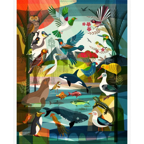 A colorful fabric panel featuring a variety of native birds, plants, and sea life from New Zealand.