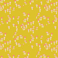 A Quilting fabric with a design of cream and peach mushrooms on a bright chartreuse-yellow background.