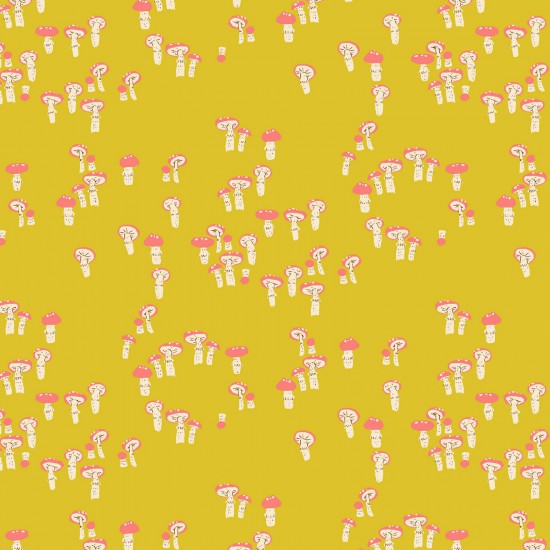 A Quilting fabric with a design of cream and peach mushrooms on a bright chartreuse-yellow background.