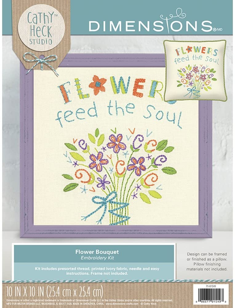 Packaging of the Dimensions Embroidery Kit with the completed floral bouquet design displayed on the front, including the title 'Flower Bouquet' and the slogan 'Flowers Feed the Soul'.