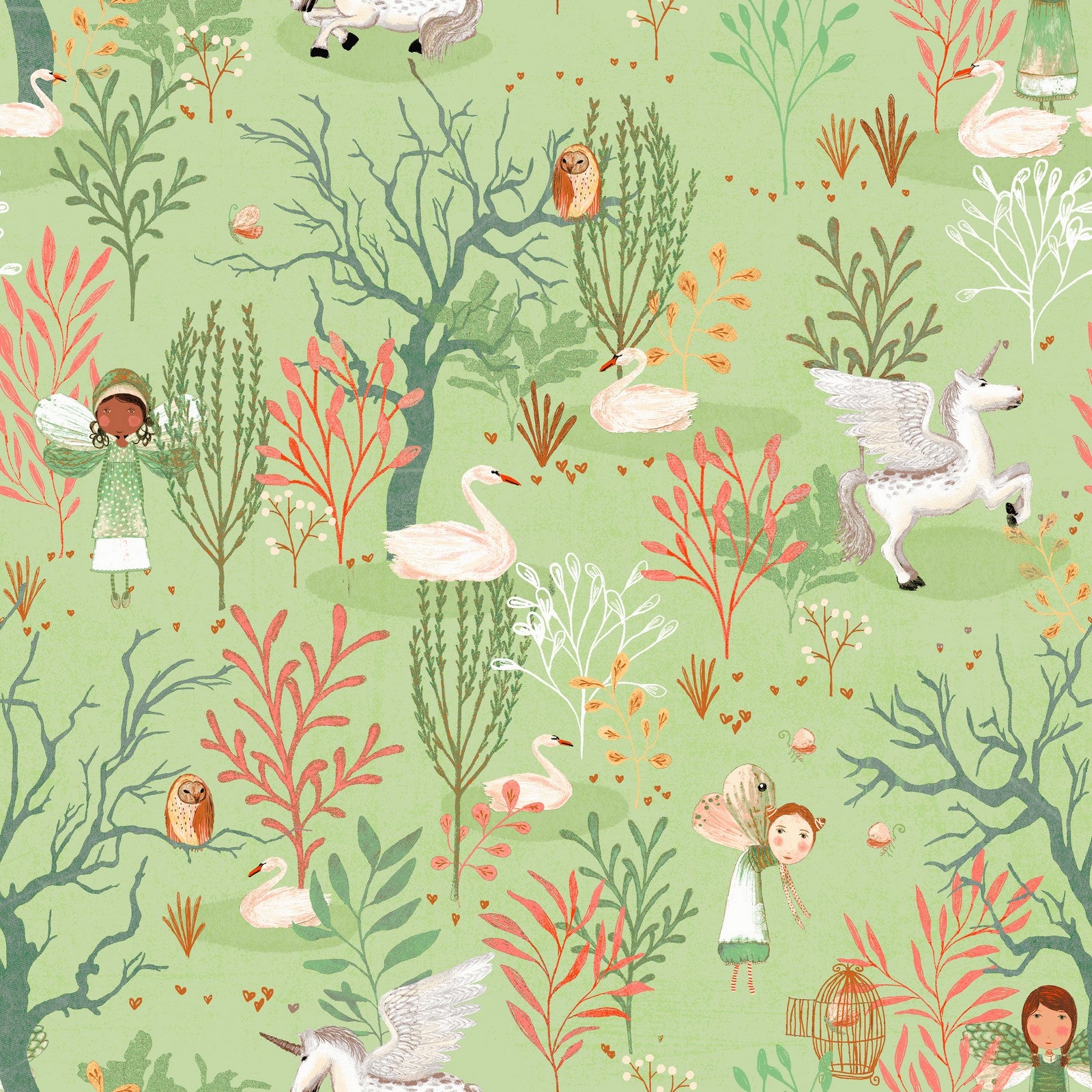 A Quilting fabric with a fairy tale print featuring pastel fairies, owls, swans, and unicorns on a soft sage green background.