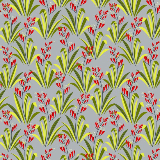 Forest Song - Green, Yellow and Red Flax on Grey background