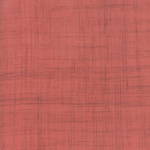 Swatch of a faded red woven fabric with a overlay hatch design.