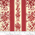 A swatch of fabric from the Jardin De Fleurs collection with a floral design in red and white colors.