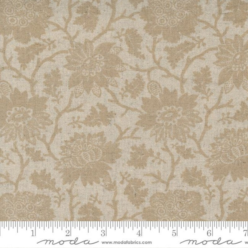 French General fabric with a floral design in beige and gray colors on a oyster (light gray) background, marked with the 'Moda' brand measurement scale.