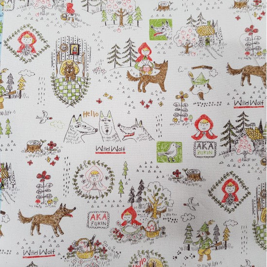 Cotton twill fabric with a Little Red Riding Hood theme, featuring pastel icons on a natural background with illustrations of animals, trees, and a house.