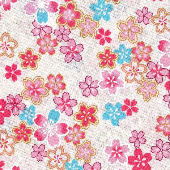A fabric with a traditional Japanese design featuring multicolored flowers, primarily pink and blue, on a white background.
