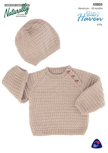 Naturally Knitting Pattern K0805 - Babies Hat & Pullover with Raglan Sleeves and side button close in 4-ply / Fingering for ages 0 to 18 months