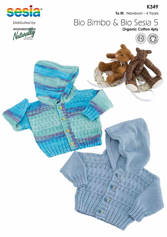 Naturally Knitting Pattern K349 - Boys and Girls Hoodied Cardigans in 4-ply Cotton for ages Newborn to 4 years