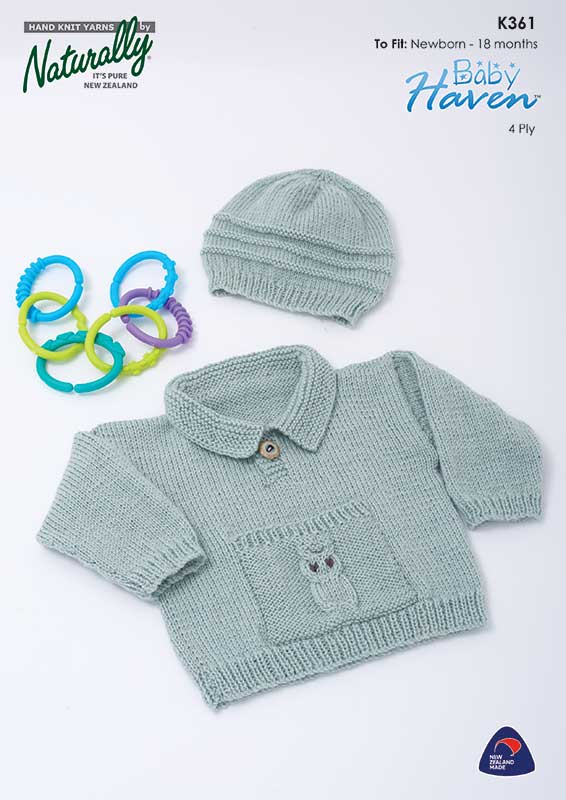 Naturally Knitting Pattern K361 - Baby's Hat & Pullover with Owl Motif in 4-ply / Fingering for ages Newborn to 18 months