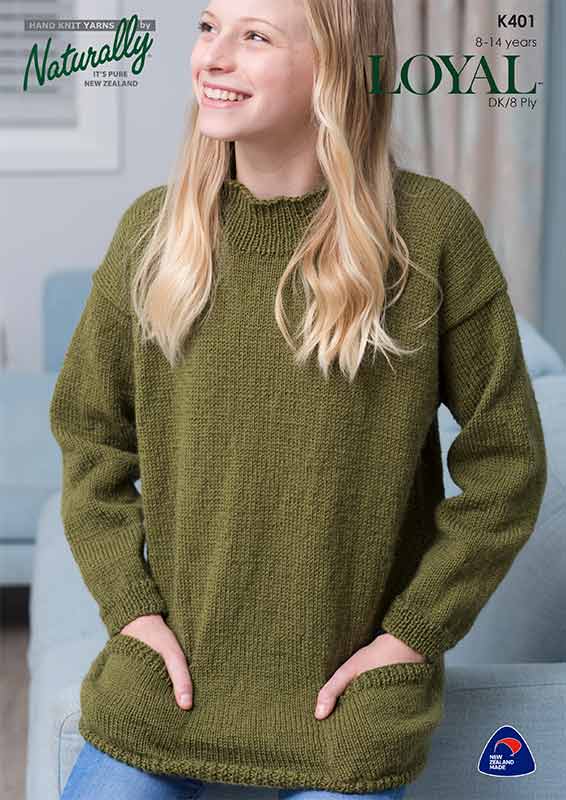 Naturally Knitting Pattern K401 - Girls Slouchy Pullover with Pockets in 8-ply / DK for ages 8-14