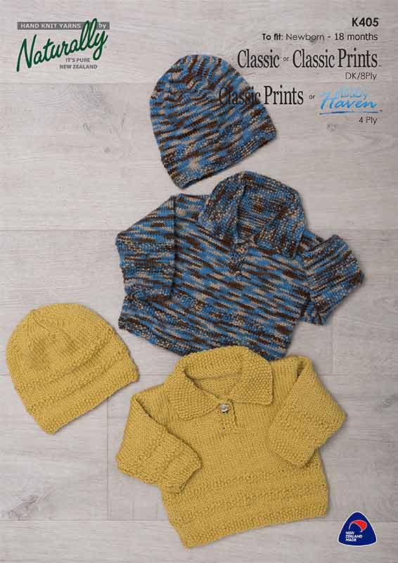 Naturally Knitting Pattern K405 - Babys Open Neck Collar and Hat in 8-ply / DK for ages Newborn to 18 months