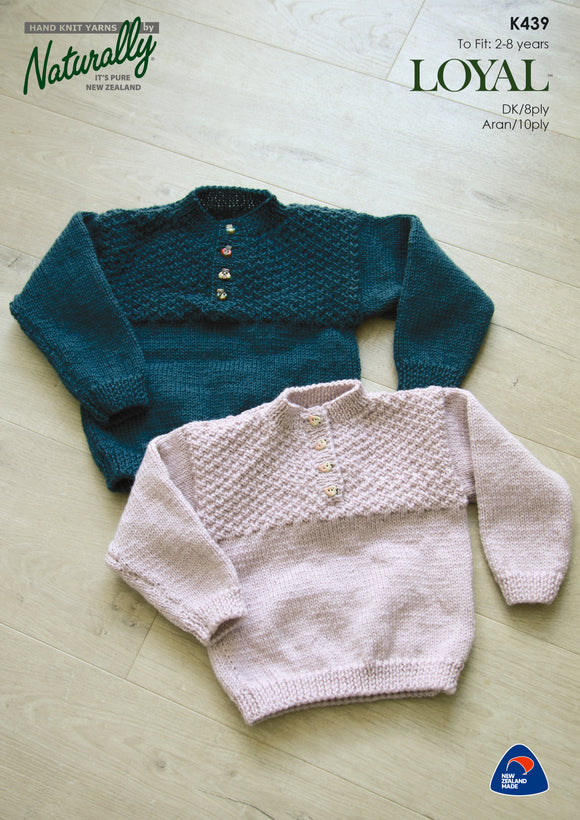 Naturally Knitting Pattern K439 - Childrens Pullover with Front Buttons & Hat in 8-ply / DK or 10-ply / Aran for ages 2-8 Years