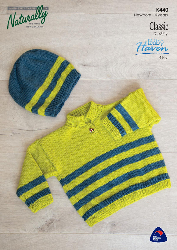 Naturally Knitting Pattern K440 - Babys and Toddlers Striped Pullover and Hat in 4-ply / Fingering or 8-ply / DK for ages Newborn to 4 years