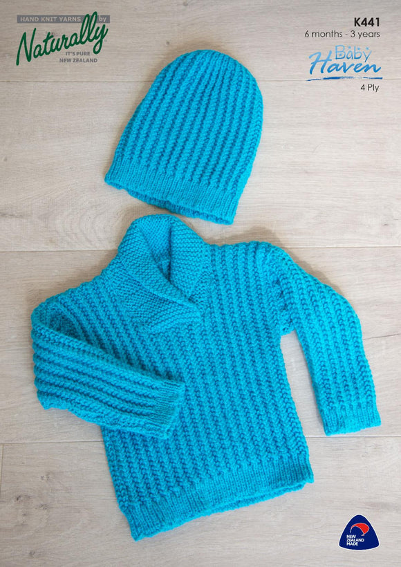 Naturally Knitting Pattern K441 - Babys and Toddlers Pullover with Shawl Collar and Hat in 4-ply / Fingering for ages 6 months to 3 years