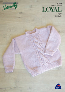 Naturally Knitting Pattern K443 - Childrens Cabled Pullover with Crew Neck in 4-ply / Fingering or 8-ply / DK for ages 2-8 Years