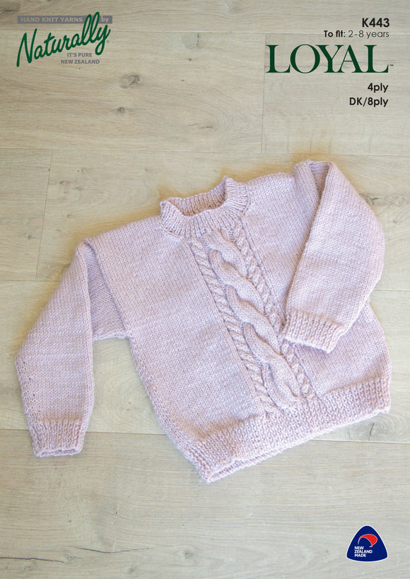 Naturally Knitting Pattern K443 - Childrens Cabled Pullover with Crew Neck in 4-ply / Fingering or 8-ply / DK for ages 2-8 Years