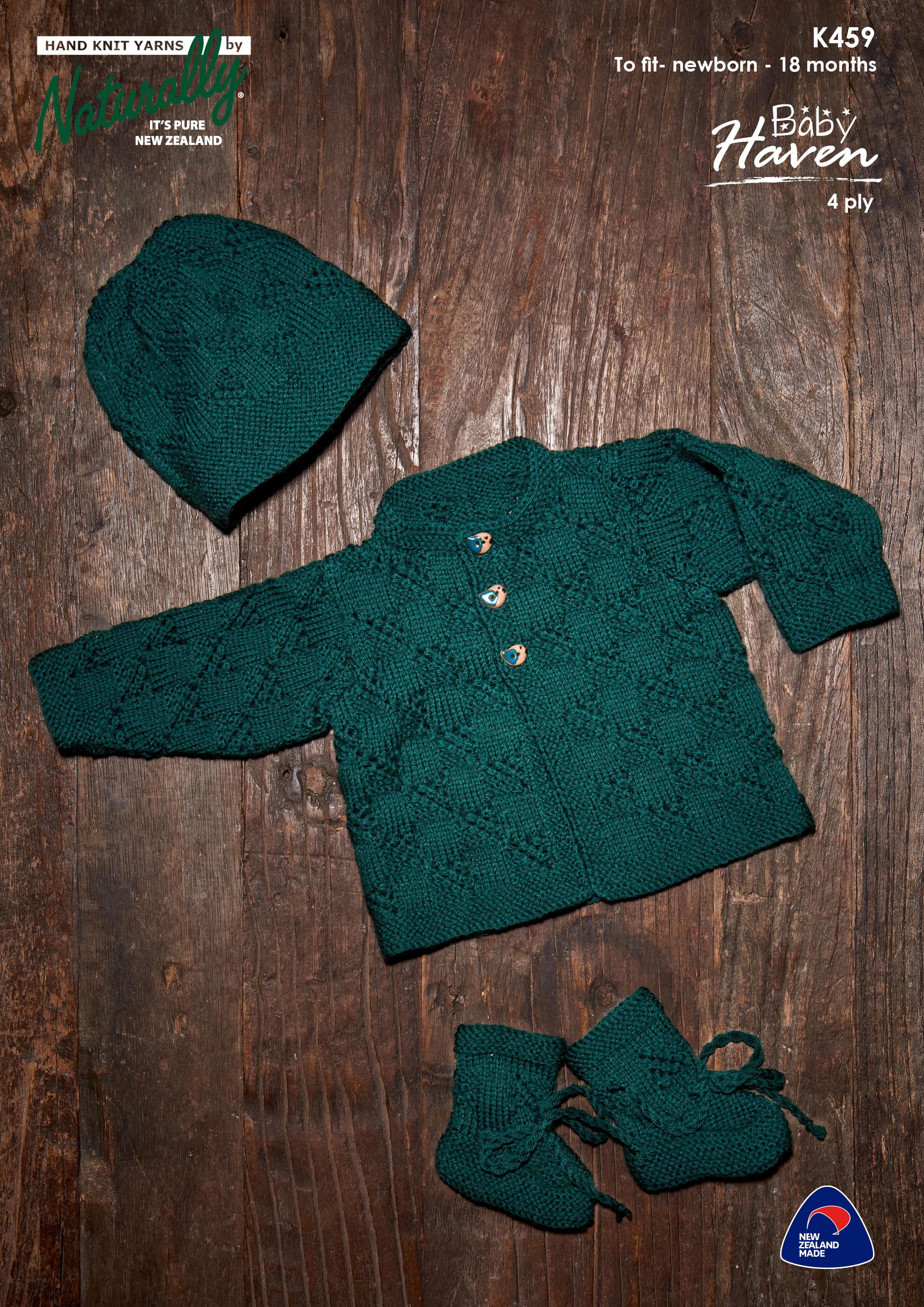 Naturally Knitting Pattern K459 - Babies Cardigan, Hat & Booties in 4-ply / Fingering for ages Newborn to 18 months