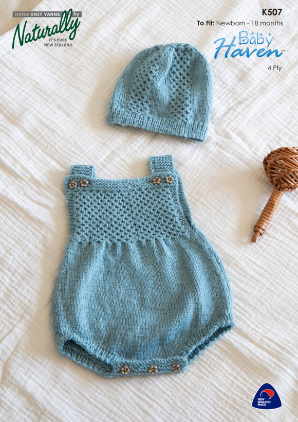 Naturally Knitting Pattern K507 - Babies Romper and Hat in 4-ply / Fingering for Newborn to 18 months