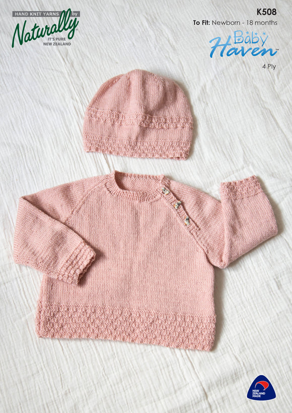 Naturally Knitting Pattern K508 - Babies Pullover with side buttons and Hat in 4-ply / Fingering for Newborn to 18 months