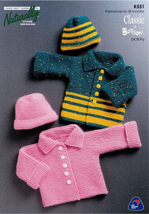 Naturally Knitting Pattern K551 - Childrens two Cardigans and Hats in 8-ply / DK for Ages Premie to 18 months