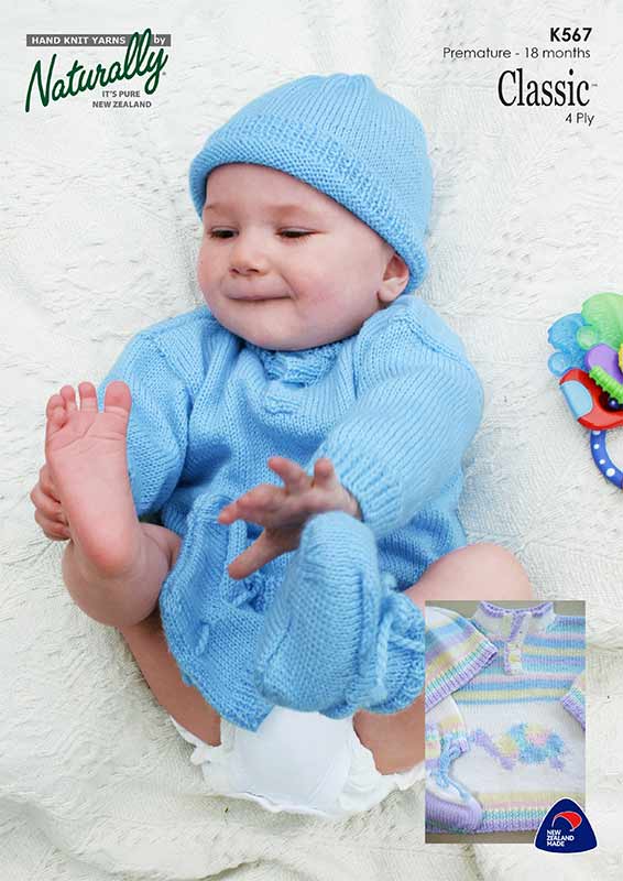 Naturally Knitting Pattern K567 - Babys Sweater, Hat & Booties in 4-Ply / Fingering for ages Premie to 18 months in 4-ply / Fingering